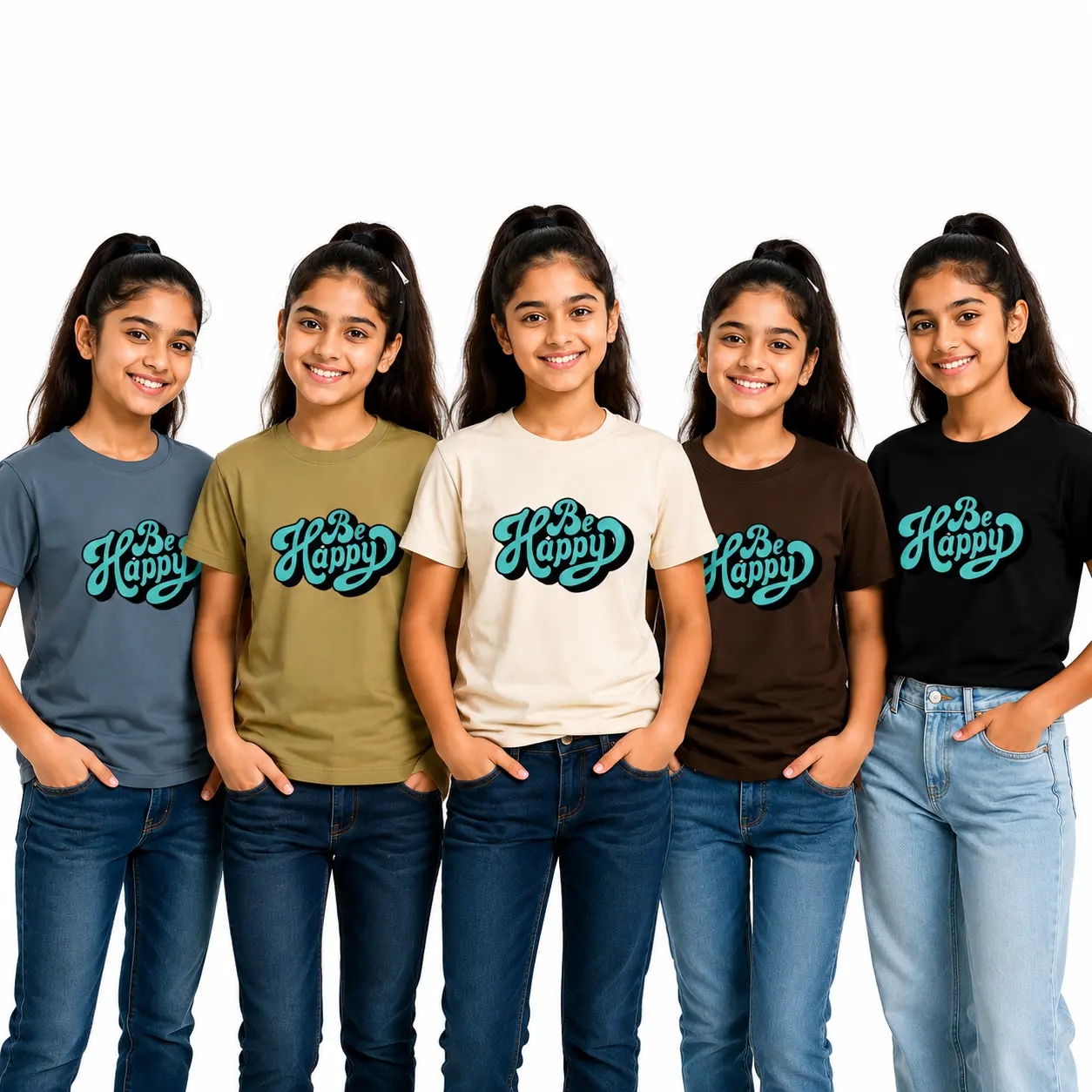 Kids  And Girls BE HAPPY  Graphic Printed Cotton Blend Round Neck Half Sleeve T-Shirt