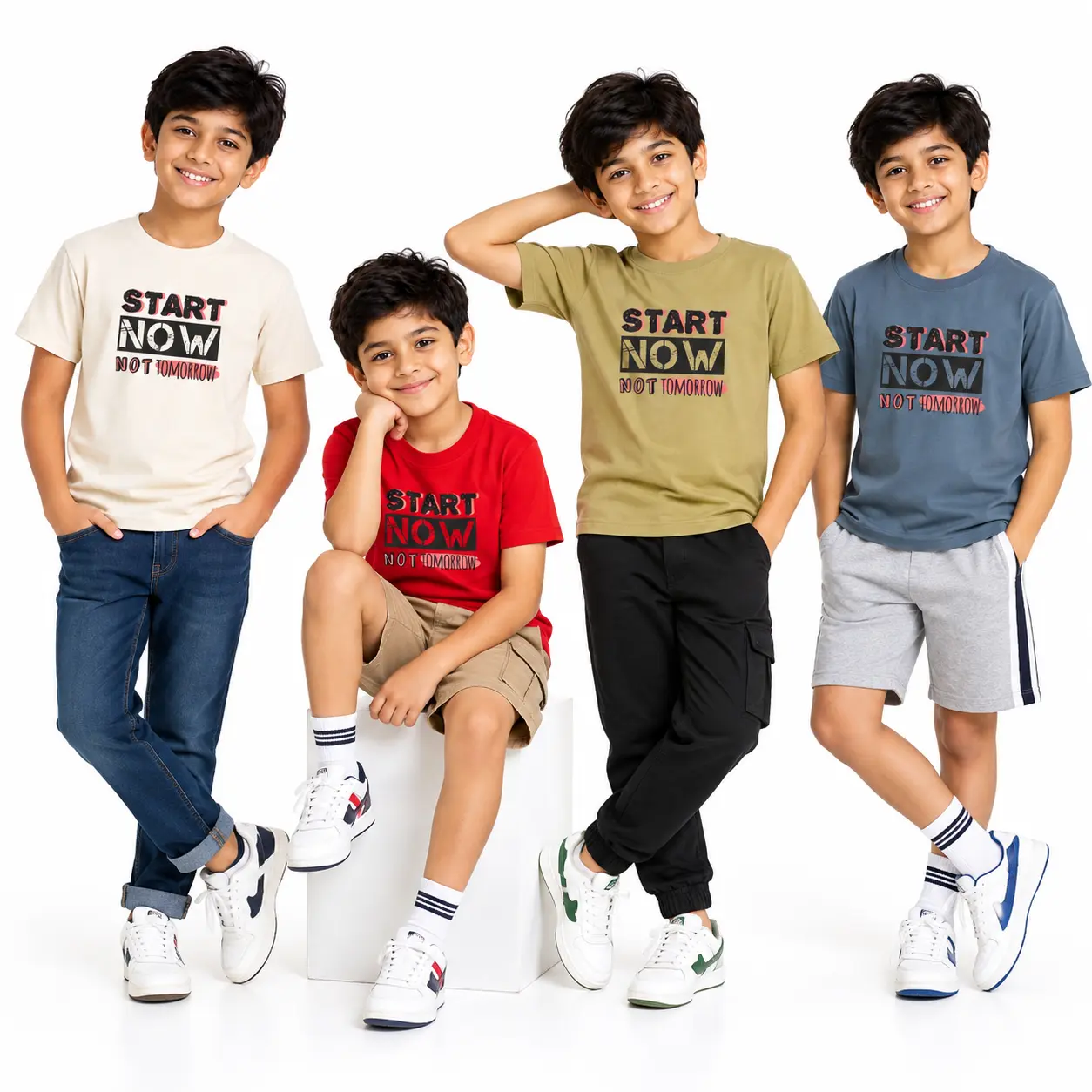 Kids START NOW NOT TOMORROW  Graphic Printed Cotton Blend Round Neck Half Sleeve T-Shirt