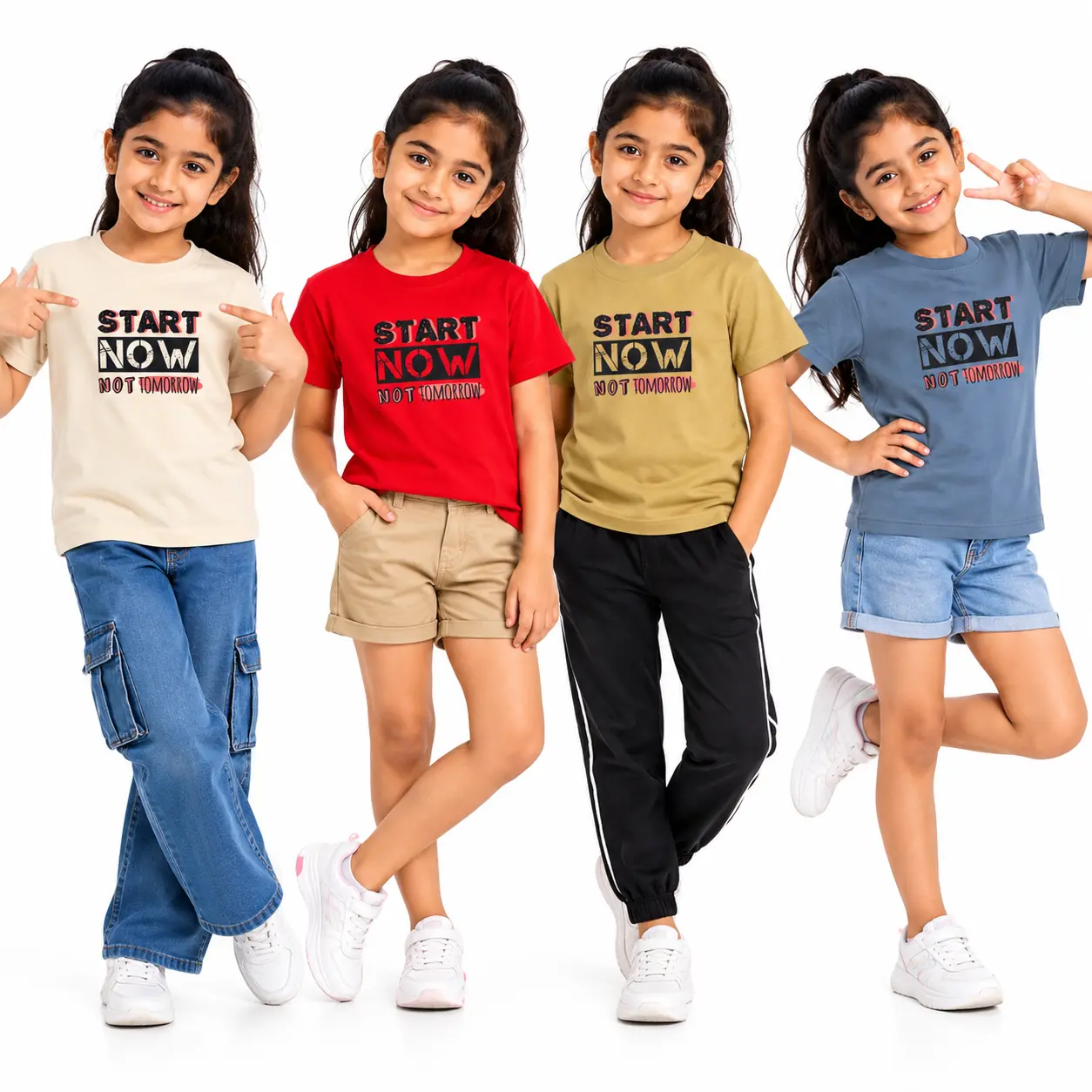 Kids  And Girls START NOW NOT TOMORROW Graphic Printed Cotton Blend Round Neck Half Sleeve T-Shirt
