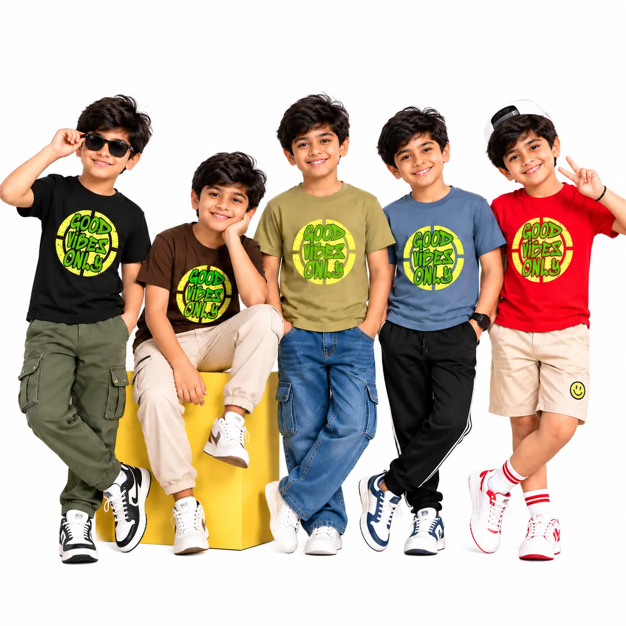Boys Kids Good Vibes Only Graphic Printed Cotton Blend Round Neck Half Sleeve T-...