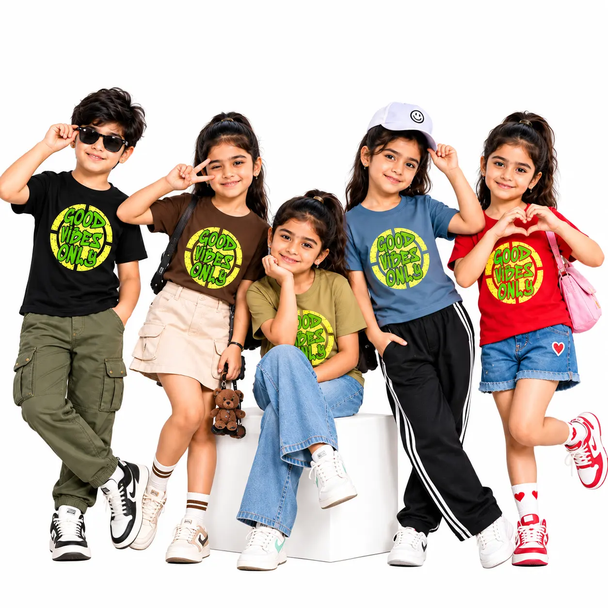 Kids And Girls Goods vibes Only Graphic Printed Cotton Blend Round Neck Half Sle...
